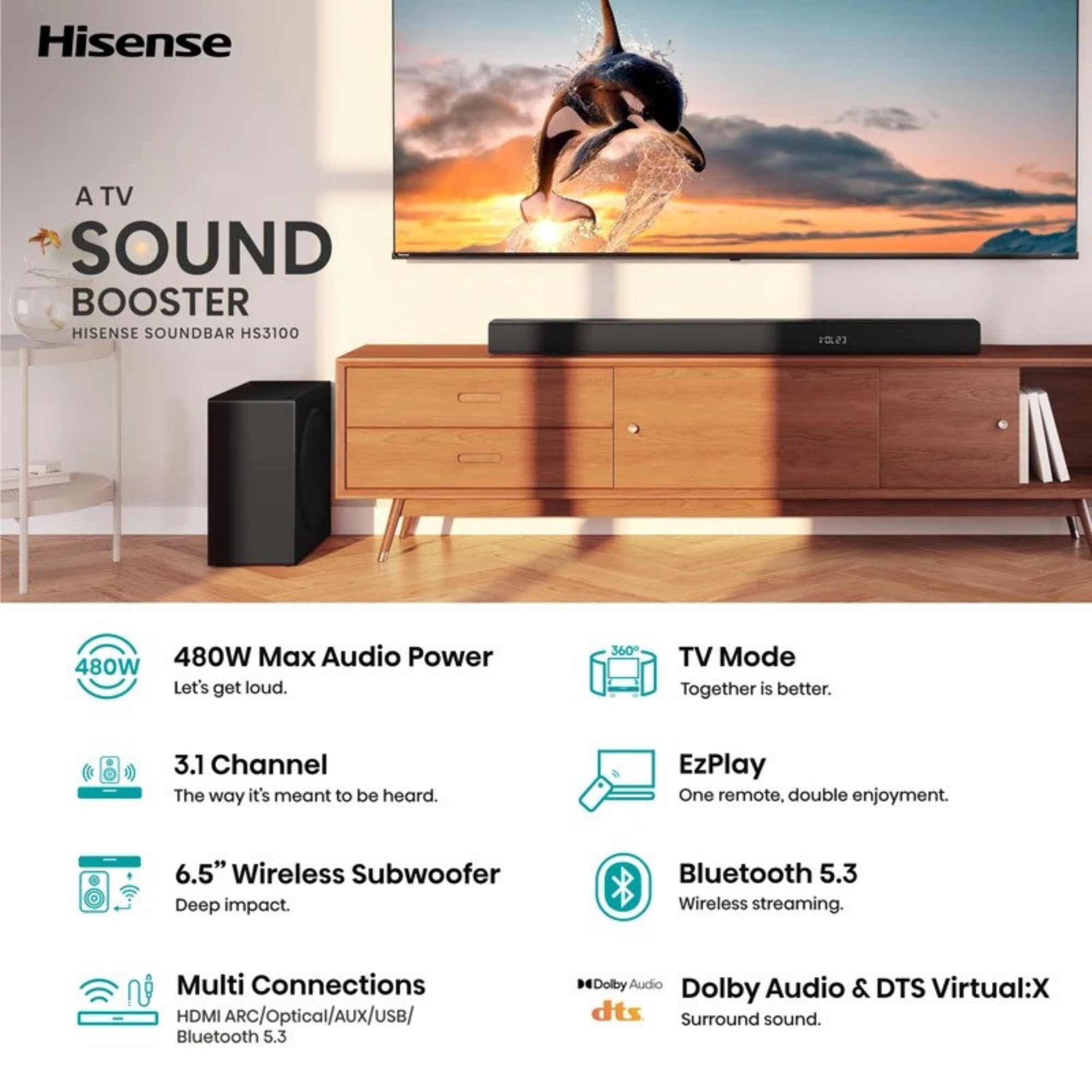 Hisense AX3100Q 3.1Ch, Dolby Atmos / DTS:X Soundbar with Wireless Subwoofer - Image 2